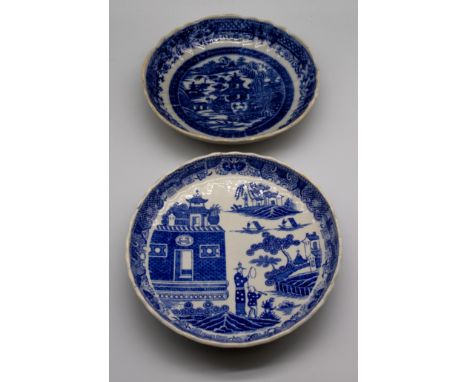 A small collection of 19th century Spode blue and white transfer-printed shallow dishes, printed with Chinese landscapes, siz