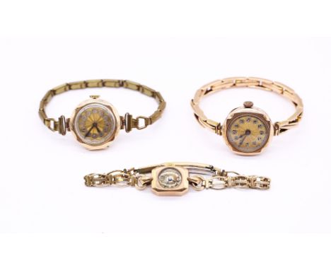 Two 9ct gold case ladies early 20th century wristwatches, including one on a 9ct gold expander strap, the other on later plat