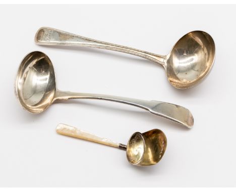 A George III silver gilt caddy shovel, mother of pearl handle, hallmarked by Joseph Willmore, Birmingham, 1812, a George III 