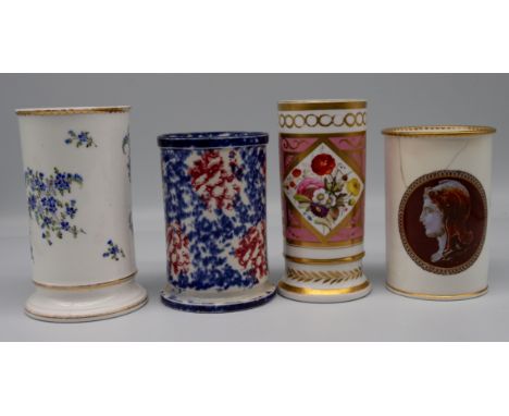 A collection of 19th century English porcelain vases, spill vases, candlesticks and egg cups, mostly Spode, various patterns 