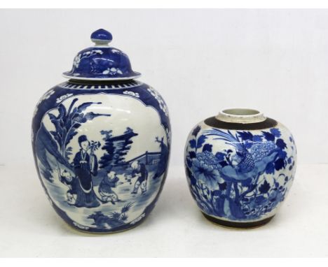 Late 19th Century clue and white storage jar and lid with children playing scene detail along with a smaller 19th Century blu