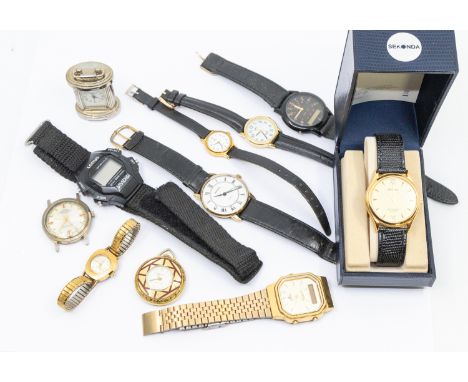 A collection of various wristwatches to include ladies fob watch, Timex and Lorus and Uno wristwatches along with gents Sekon