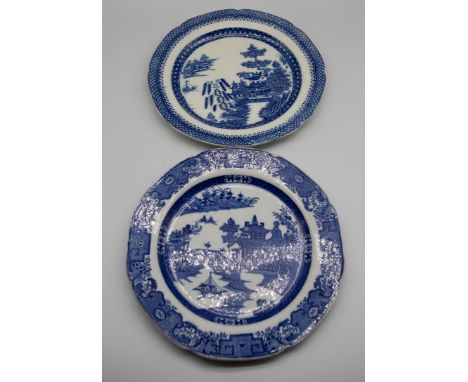 A collection of 19th century Spode blue and white transfer-printed plates, mostly printed with Chinese landscape, size 24cm d