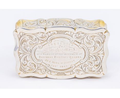 A Victorian silver snuff box, of shaped rectangular form with engraved foliage design, gilt interior, hallmarked by Hilliard 