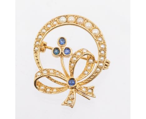 A sapphire and pearl 9ct gold brooch, comprising a pearl set crescent and bow with sapphire set drops, width approx 22mm, pin