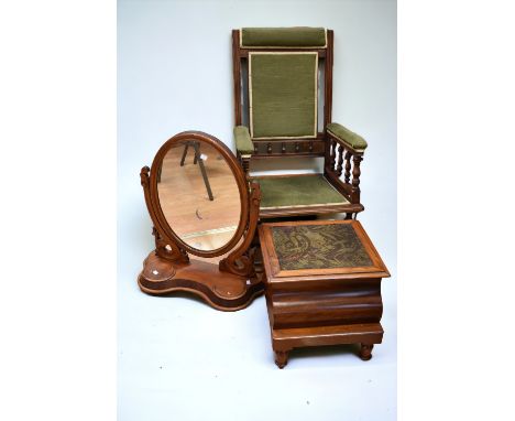 A 20th century green upholstered mahogany rocking chair, a Victorian embroidered topped commode, also mahogany, and a late 19