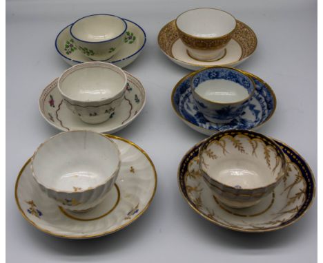 A small collection of 19th century English porcelain tea bowls and saucers, mostly Spode, various patterns. Condition: wear t