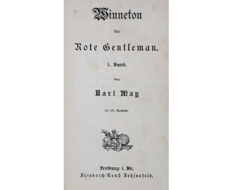   May,K.May,K. Winnetou. 4. Bd. 1.-10. Tsd. Fbg., Fehsenfeld (1910). 2 Bl., 623 S. Grüne  May,K.    May,K.   Winnetou. 4. Bd.