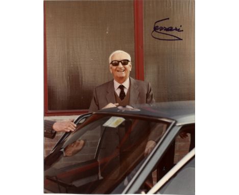 FERRARI ENZO: (1898-1988) Italian Car Driver &amp; Manufacturer. Signed colour 5 x 6.5 photograph of Ferrari standing outdoor