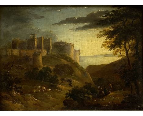 Attrib. John James Wilson (British 1818-1875): Coastal Castle with Sheep and Figures in the Foreground, oil on oak panel unsi