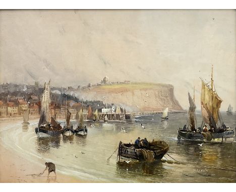 Walter Linsley Meegan (British c1860-1944): Scarborough South Bay, fishing boats at first light, oil on board signed 28cm x 3