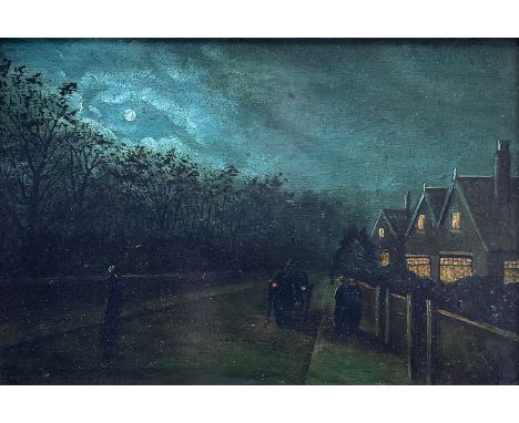 Wilfred Bosworth Jenkins (British 1857-1936): Moonlight Suburban Street, oil on panel signed 20cm x 30cm