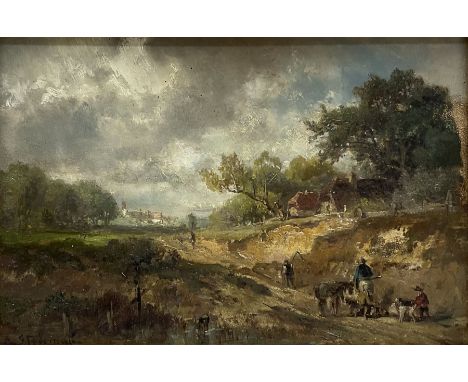 Adolf Stademann (German 1824-1895): 'Near Fenwick' Northumberland - Workers by the Roadside, oil on panel signed, titled vers