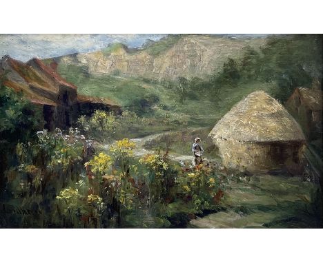 James Watson (Staithes Group 1851-1936): Feeding Chickens on the Green Runswick Bay, oil on panel signed 17cm x 28cm