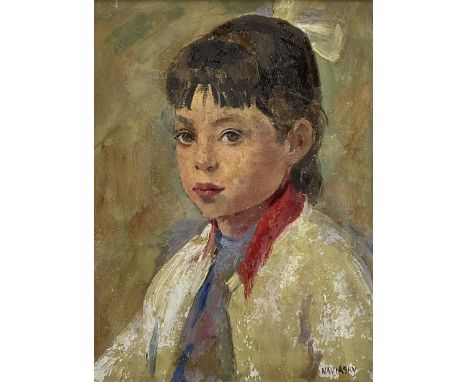 Philip Naviasky (Northern British 1894-1983): Portrait of a Young Girl with a Red Collar, oil on board signed 39cm x 29cm