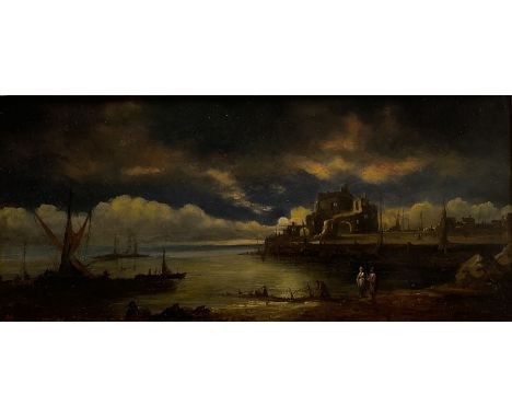 Attrib. John Vanderlyn (American 1775-1852): Italian Coastal scene by Moonlight, oil on mahogany panel signed 'Vand' 19cm x 4