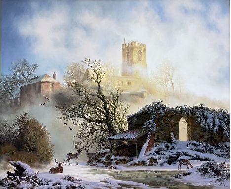 Daniel Van der Putten (Dutch 1949-): 'Misty Morning at Preston Capes Northamptonshire', oil on panel signed, titled verso 25c