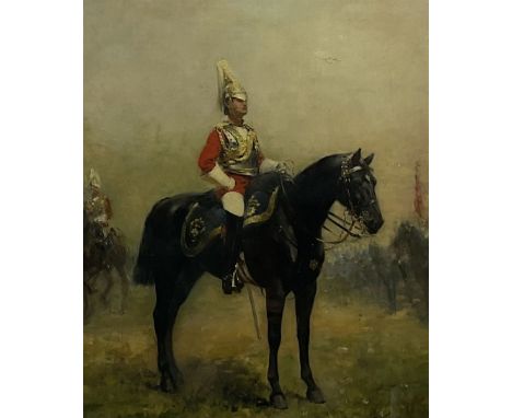 G Lindheimer (19th century): Mounted Dragoon Guardsman, oil on mahogany panel signed and dated '98, 54cm x 45cm