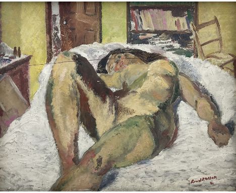 Ronald Allan (British 1900-1966): Female Nude Sleeping, oil on panel signed 49cm x 59cmNotes: Allan born at Cheadle Heath, Ch