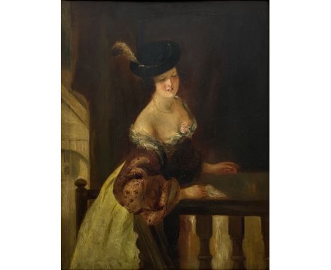 English School (19th century): Lady Leaning over a Staircase, oil on mahogany panel unsigned 57cm x 45cm