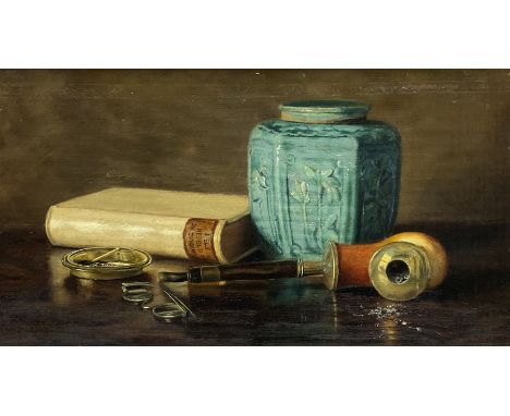 Elaine Katherine Grimshaw (British 1877-1972): Still Life of a Chinese Jar Pipe Book and Spectacles, oil on canvas signed and
