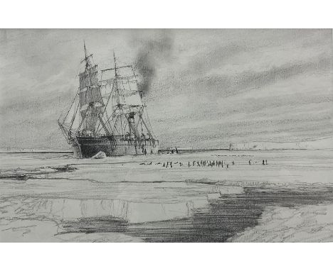 John Steven Dews (British 1949-): Steamer Breaking the Ice in the Arctic , pencil, signed and inscribed '1980 Amoco Calendar 