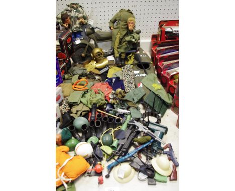 Actionman - including two eagle eye figures (af), uniforms, weapons, divers suit, helmets etc; Cherilea Toys Canoe and MP mot