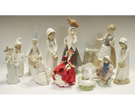 Ceramic figures including Lladro Girl with basket, Little Angel; Fairy Godmother (af); Royal Doulton HN1834 (faults); Nao fig