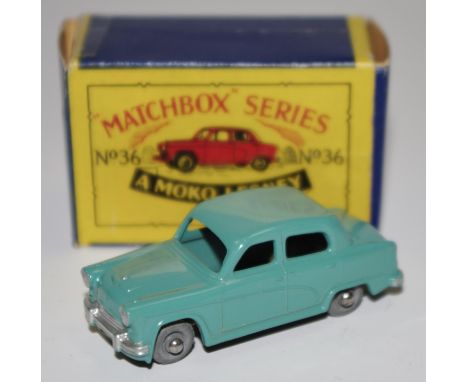 Matchbox Regular Wheels 36a Austin A50 - light turquoise, silver trim, metal wheels with crimped axles - B2 Moko box