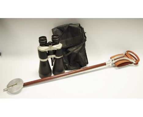 A shooting stick seat;  a pair of Traveller 10 x 60 binoculars, cased