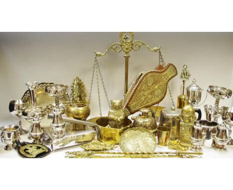 Brass and plated ware - a brass saucepan; weighing scales; bellows; a plated cigar box; tea set; posie vases; cruet etc.