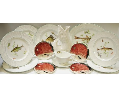 Simpsons Pottery Limited Marlborough "Old English Ironstone" dinnerware, each piece decorated with a river fish on a white gr