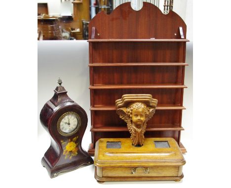 Boxes &amp; Objects - a carved oak cherub wall bracket;  standish box;  five tier wall shelf;  a clock (4)