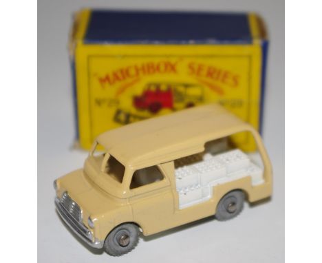 Matchbox Regular Wheels 29a Bedford Milk Delivery Van - light tan body, white crates, metal wheels with crimped axles - B2 Mo