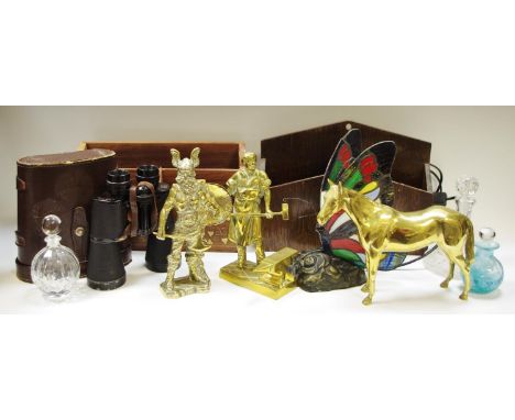 Boxes and objects - a brass figure of a Gaelic warlord; a blacksmith and horse; an oak letter rack inlaid with brass; a pair 