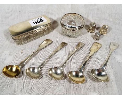 A good mixed lot to include five Georgian and later silver hallmarked salt spoons, cut glass jar and trinket box with silver 