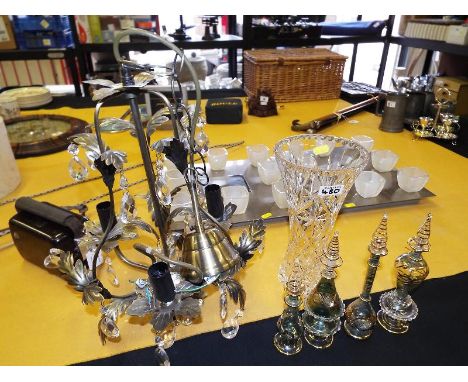 A mixed lot to include a modern ceiling light, four perfume bottles and a good quality crystal vase (qty)
