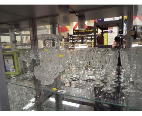 A collection of cut glass table ware to include good quality decanter, drinking glasses, bon bon dish and similar (qty)