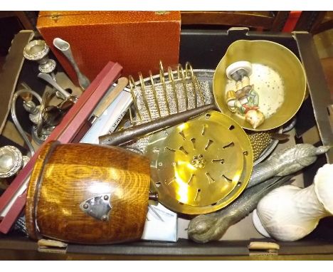 A mixed lot to include oak biscuit barrel, Goebel figurine, brass ware and similar