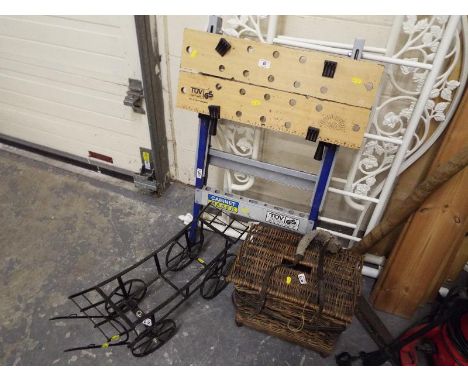 A cabinet maker bench, a whicker basket and a metal garden wagon frame (3)