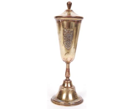 An early 20th century silver plate tall lidded chalice / cup (silver plate worn away) with inset ' NSDAP ' Third Reich German