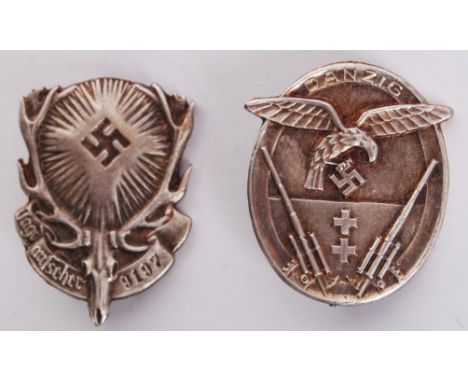 Two 20th century believed reproduction Nazi German Third Reich badges to include; ' German Hunting Society ' 9197 badge &amp;