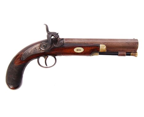 An antique 19th century percussion cap pistol. 0.5" bore. With Damascus barrel, nickel furniture, and ebony ramrod. Beautiful