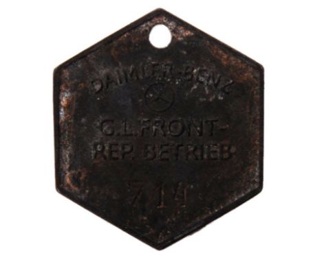 An rare &amp; unusual original WWII Second World War Nazi German Daimler Benz aircraft engine factory token in hexagonal form