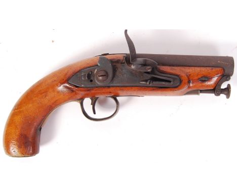An antique 19th century flintlock pistol - the lock plate stamped ' Tower ' with a GR cipher, with various proof marks. Large