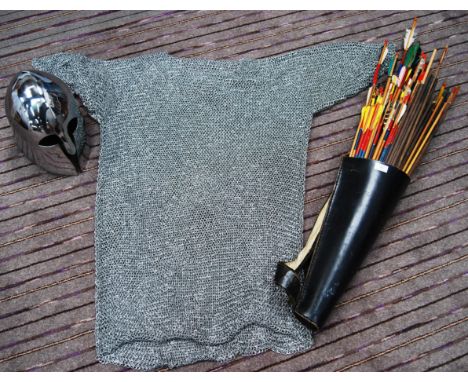 A good collection of re-enactment / display medieval combat items, to include; a polished steel 16th century style reproducti