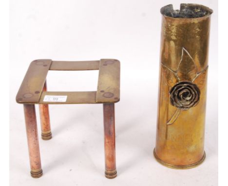 Two pieces of original WWI First Word War trench art pieces comprising of; 1906 brass artillery shell with large decorative f
