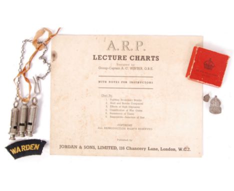 A collection of original WWII Second World War civil defence ARP Air Raid Precautions badges and ephemera, all belonging to a
