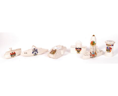 A collection of 7x vintage early 20th century military themed WWI First World War crested china. Various makers to include; A