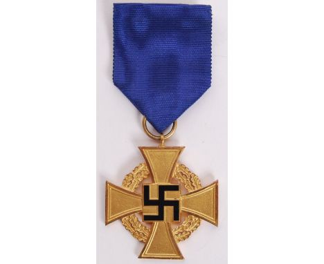 An original Nazi German Third Reich 40 Years Long Service ' F&uuml;r treue dienste ' gilt medal, with black enamel swastika t